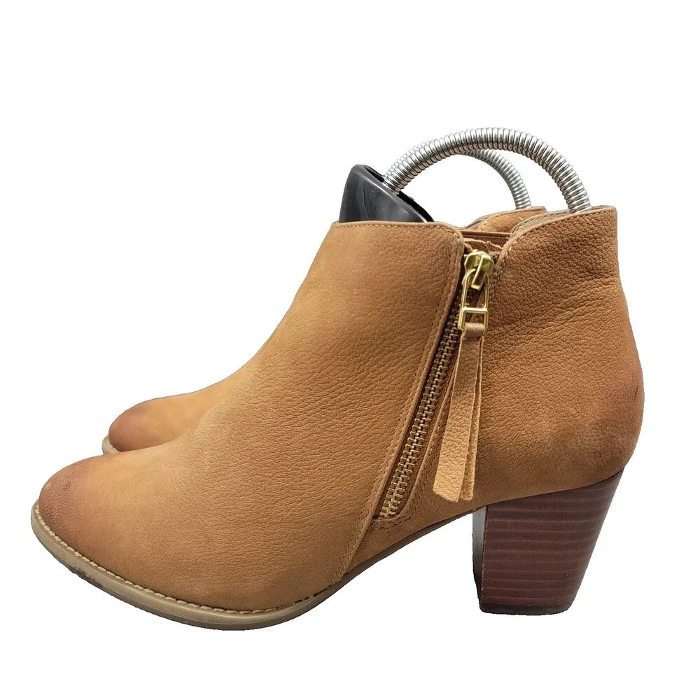 Vionic Womens Sz 9 Sterling Leather Suede Ankle Boot Camel Side Zip 2.5' Heel